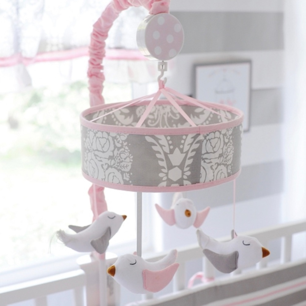 Pink Gray & White Mobile - Cloth Birds Damask Print - like new